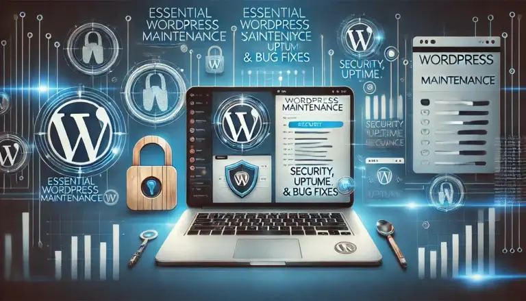 A laptop displaying security and maintenance graphics, surrounded by floating icons of locks, shields, and WordPress logos. Text includes Essential WordPress Maintenance, Security, Uptime & Bug Fixes, and similar phrases. A smartphone and tablet are nearby.