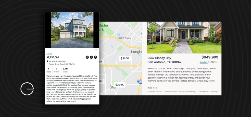 A collage shows two real estate listings with house photos, prices, locations, and details, plus a map section in the center. The background is black with concentric circle patterns and a white e logo on the left.