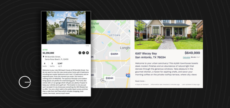 A collage shows two real estate listings with house photos, prices, locations, and details, plus a map section in the center. The background is black with concentric circle patterns and a white e logo on the left.